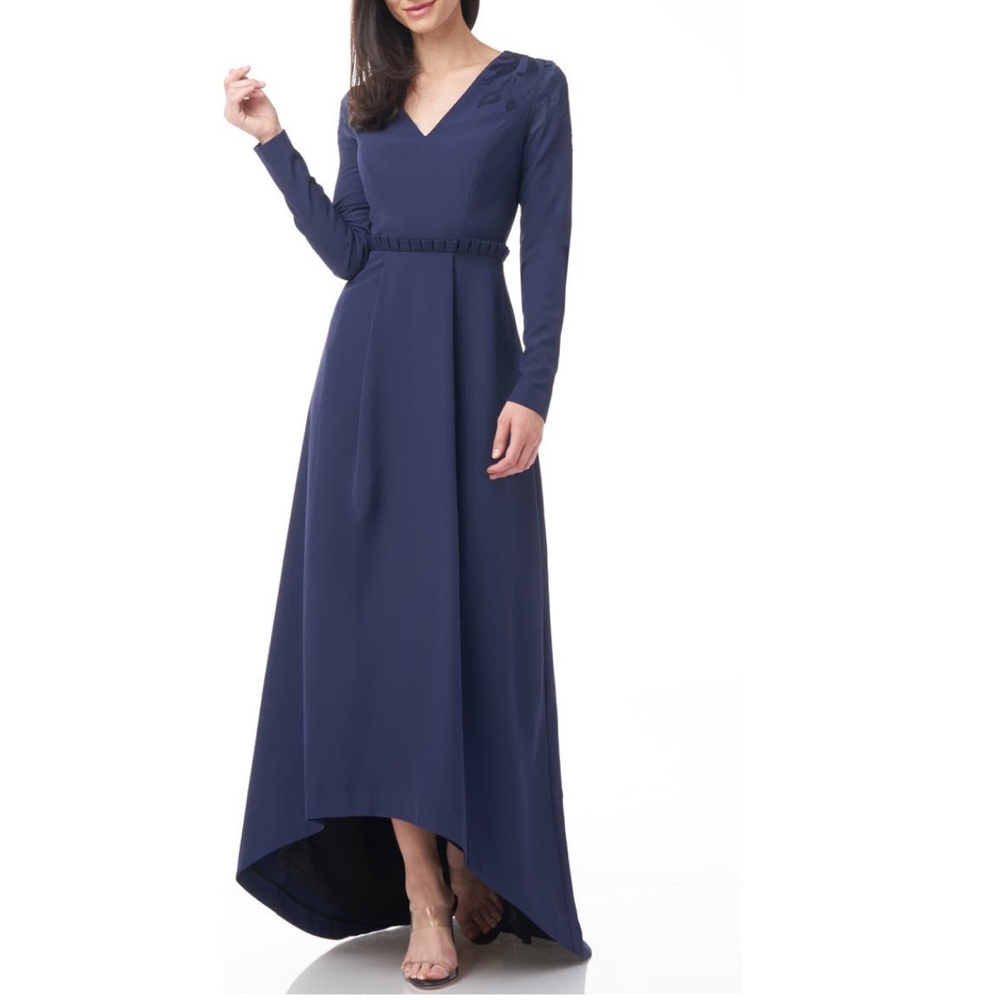 # JS Collection Navy Akala V Neck Long Sleeve High Low Gown New With Tag